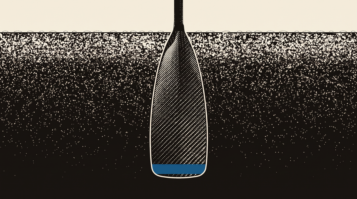 Cross-section illustration of a Viper steering blade hanging in deep water, drawn as a black-and-bone screen-print halftone. A band of ocean blue across the foot of the blade marks the extra 4 cm of depth the Long reaches over the Small.