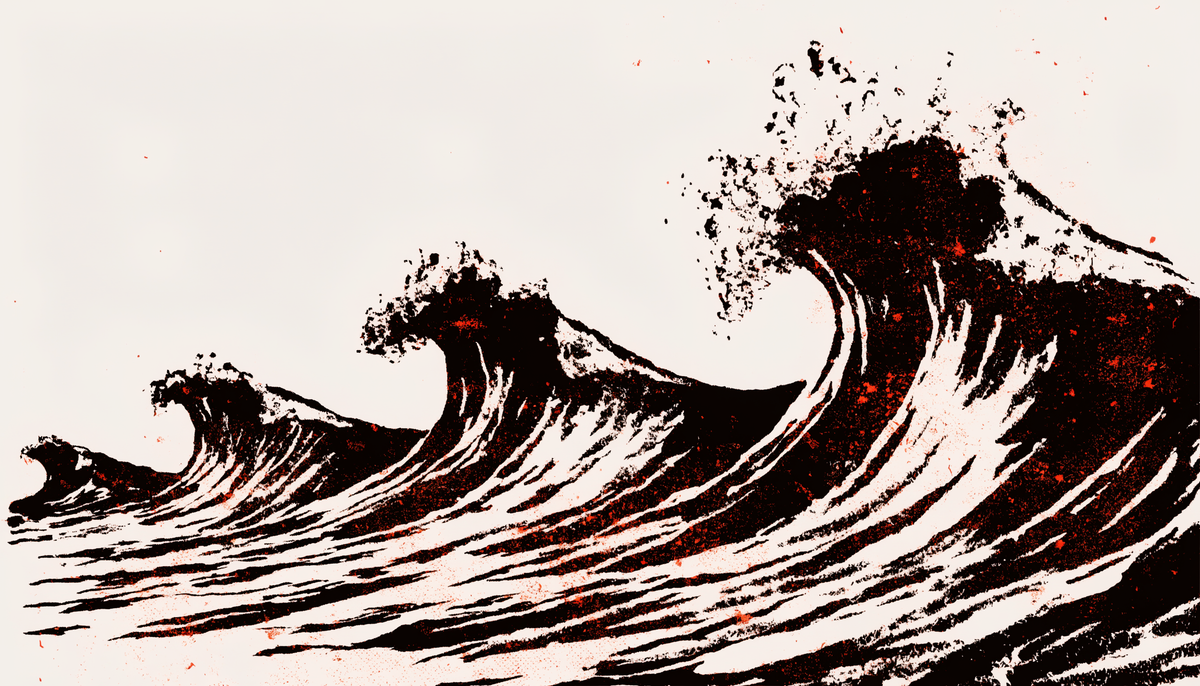Ink screen-print of ocean waves growing progressively larger, wave after wave