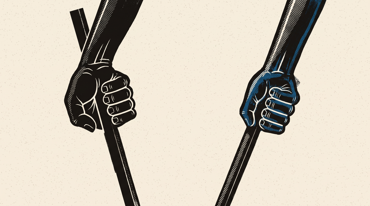 Screen-print halftone plate: two closed fists gripping paddle shafts. Left, a straight shaft cocks the wrist around an awkward angle; right, the double bend's grip section follows the forearm so the wrist stays neutral. Angles exaggerated.