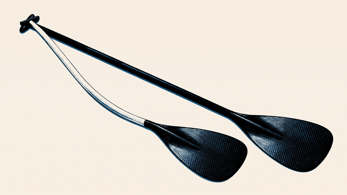 Pen-and-ink illustration: two outrigger paddles share one grip and one load. The bamboo shaft bows away from the line of pull; the carbon shaft stays straight. Bend exaggerated for clarity.