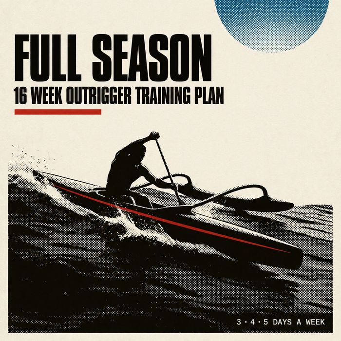 Full Season: 16 Week Outrigger Training Plan cover, OC-1 paddler driving through ocean swell