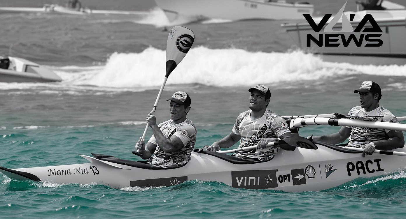Outrigger paddlers on the open ocean — Ocean Pop treatment (Salt & Ink hero)