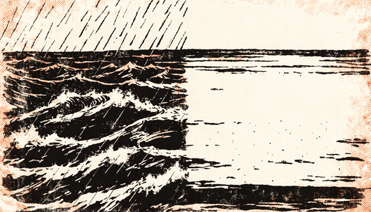 Ink screen-print of a storm sea beside a calm sea — training stress and recovery