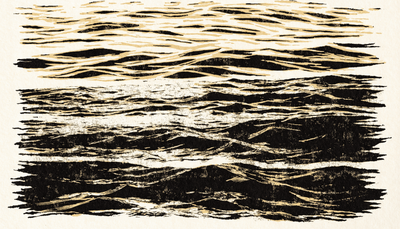Ink screen-print of layered ocean water bands from calm to heavy — training zones
