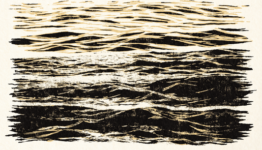 Ink screen-print of layered ocean water bands from calm to heavy — training zones