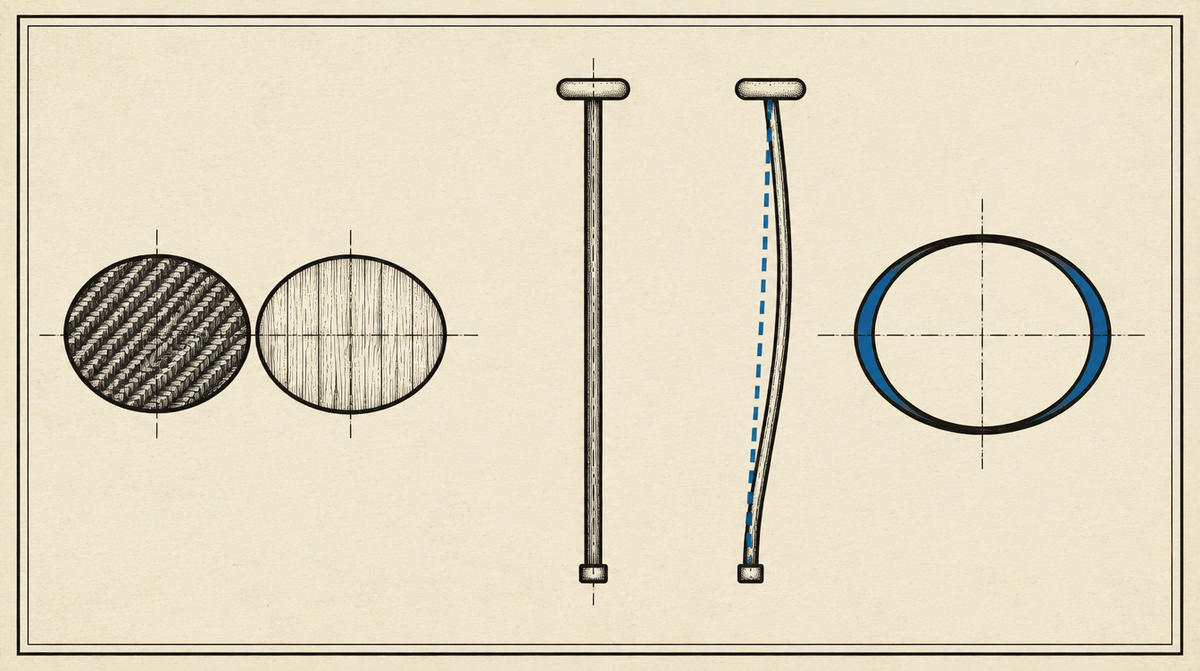 Pen-and-ink technical plate. Left: two oval shaft sections, woven carbon and bamboo grain. Centre: two shafts edge-on, one dead straight, one a long shallow curve against a dashed straight line. Right: two oval sections, the 3 mm difference in blue.