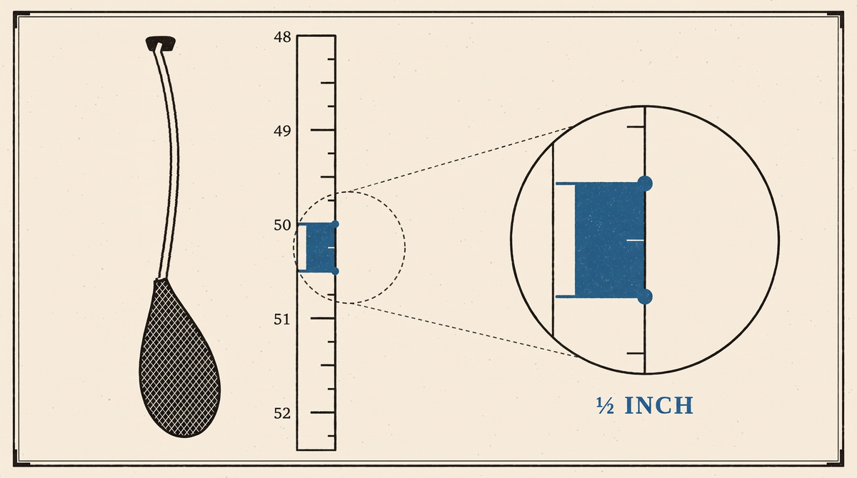 Pen-and-ink drawing of a Viper Va'a outrigger paddle beside a rule graduated 48 to 52 inches, with a circled blow-up magnifying two adjacent half-inch marks at 50 inches and the half-inch span between them filled in ocean blue.